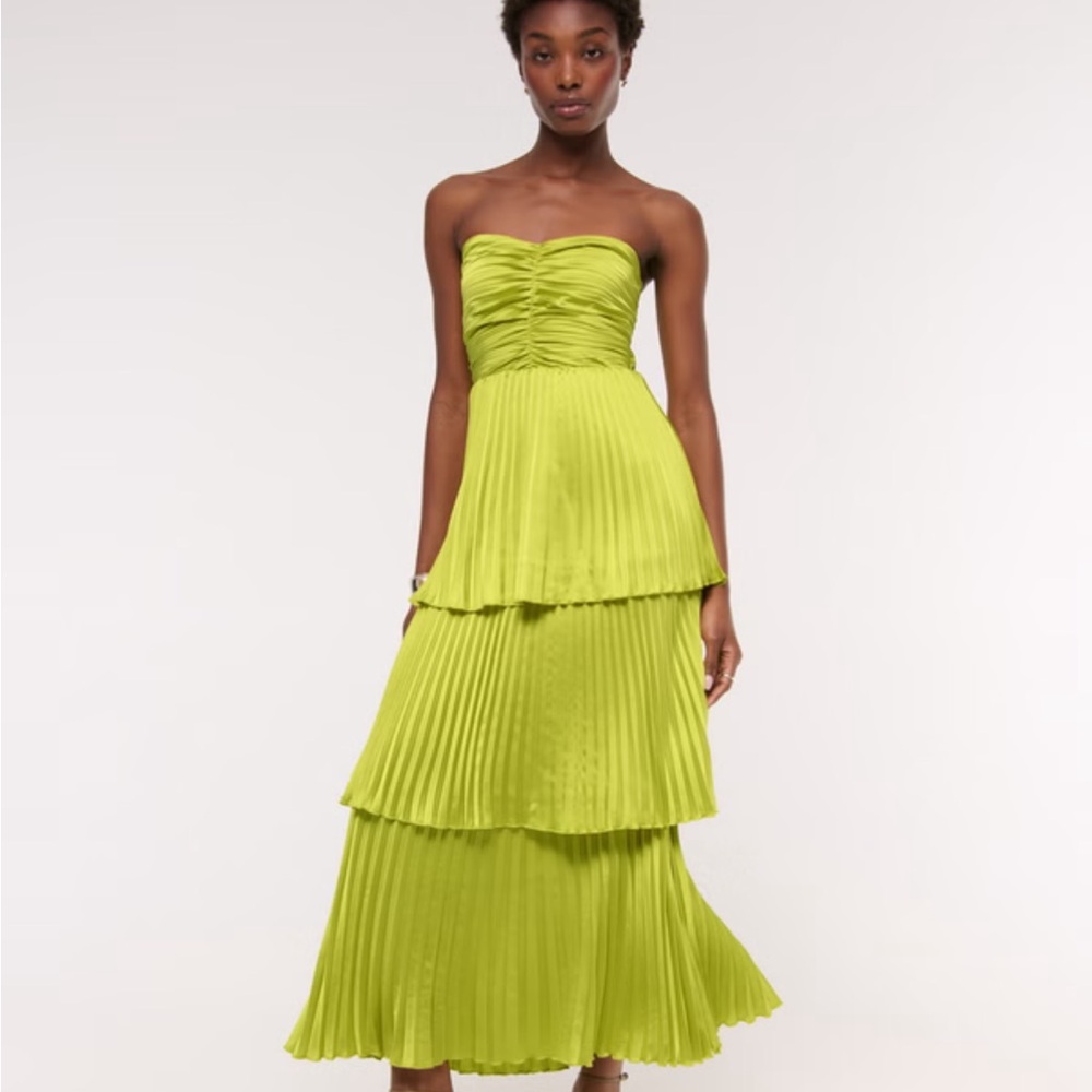 Strapless Tiered Pleated Dress in chartreuse